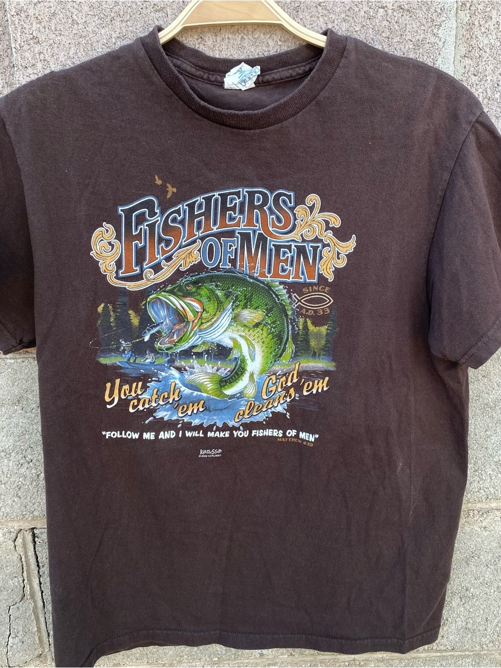 Y2K Mens Size Medium Religious Jesus Fish Brown Fishing Shirt Kerusso